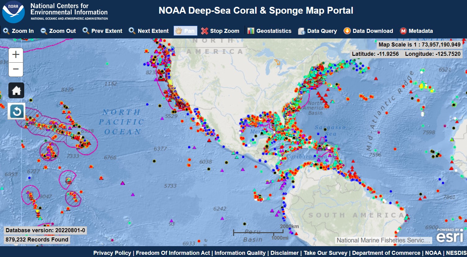 A screenshot of the Deep Sea Coral Research and Technology Program data map